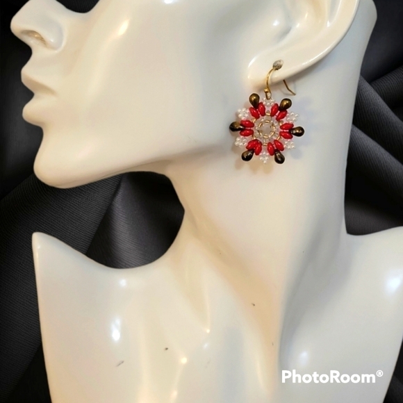 Hand Crafted Jewelry - HANDMADE Beaded Czech Glass Christmas Holiday Snowflake Dangle Earrings